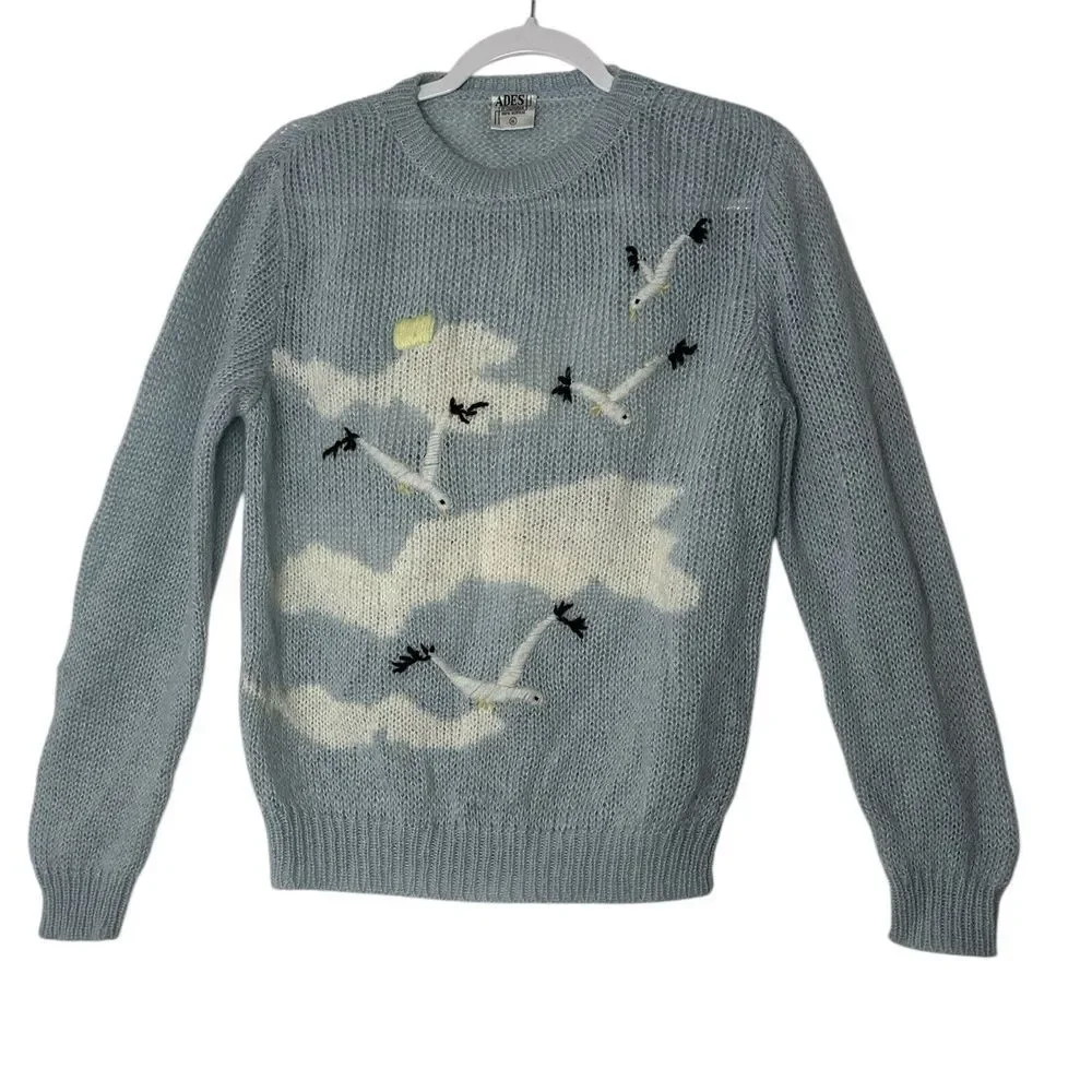 Vintage Ades Of California Women's Sweater XL Birds Cloud Beach Outdoor Y2K Blue - Picture 1 of 10
